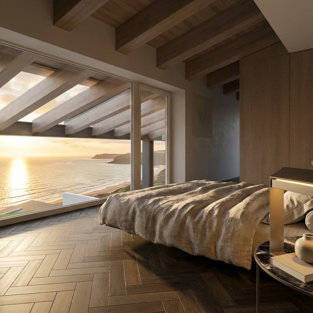 M2V House bedroom rendered photorealistically by Linespire Reflect, with timber beams and ocean views