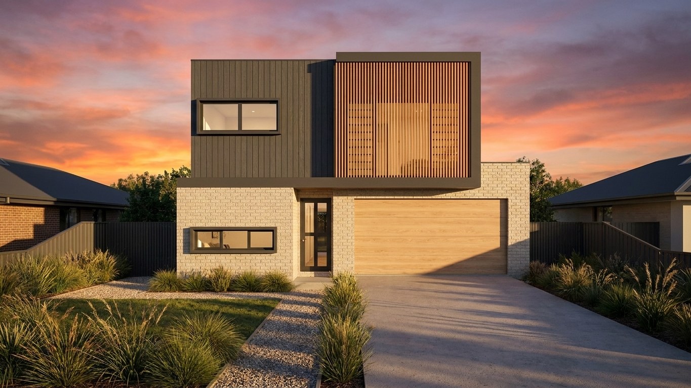 Render before Touch up, with an upper-floor window in the dark vertical cladding